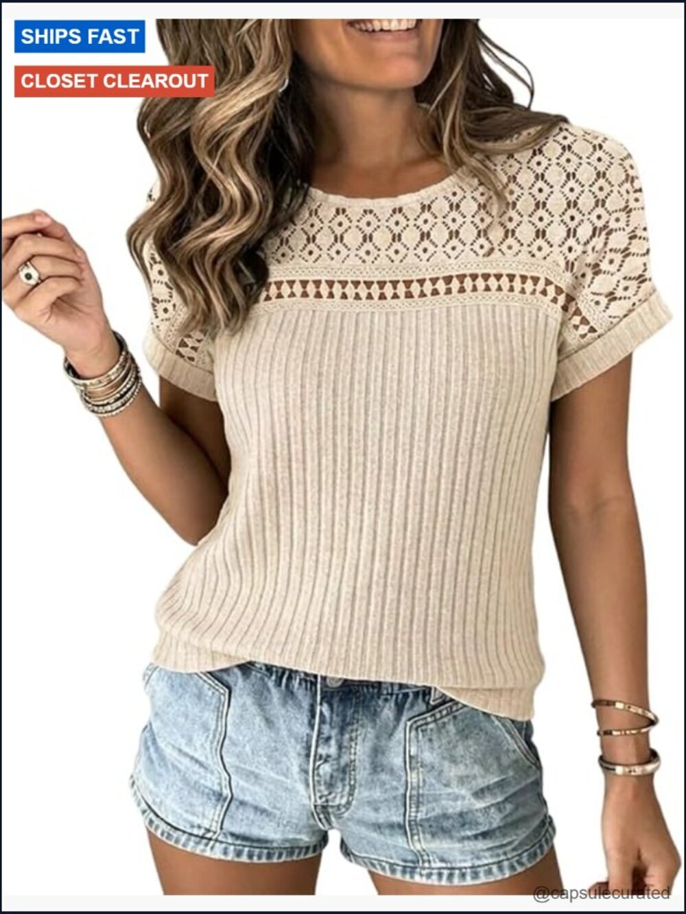 Women's Ribbed Knit Lace Spliced Short Sleeve T-Shirt Casual Summer Top